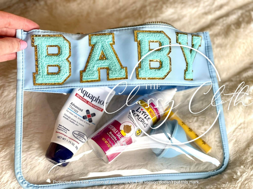 Chenille Letter Clear Pouch - BABY Blue